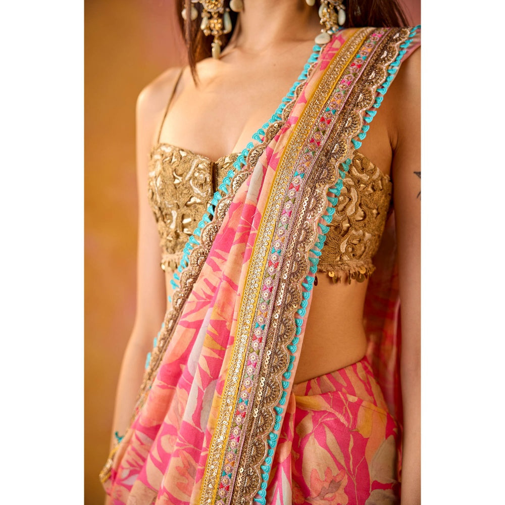 Old Marigold Aarohi Pink Muslin Saree with Stitched Blouse