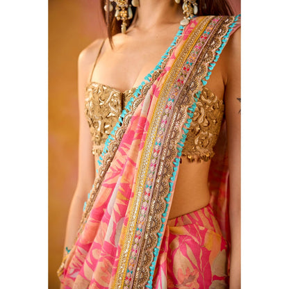 Old Marigold Aarohi Pink Muslin Saree with Stitched Blouse