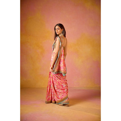 Old Marigold Aarohi Pink Muslin Saree with Stitched Blouse