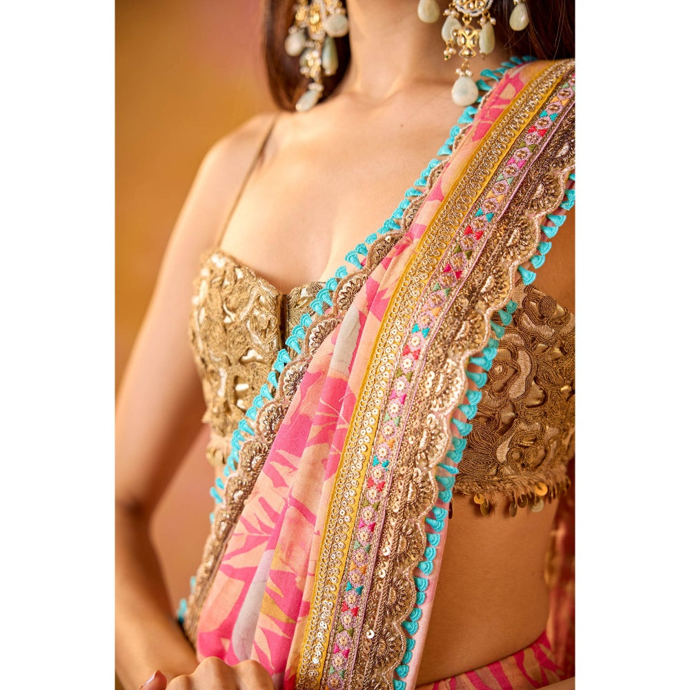 Old Marigold Aarohi Pink Muslin Saree with Stitched Blouse
