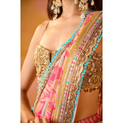 Old Marigold Aarohi Pink Muslin Saree with Stitched Blouse