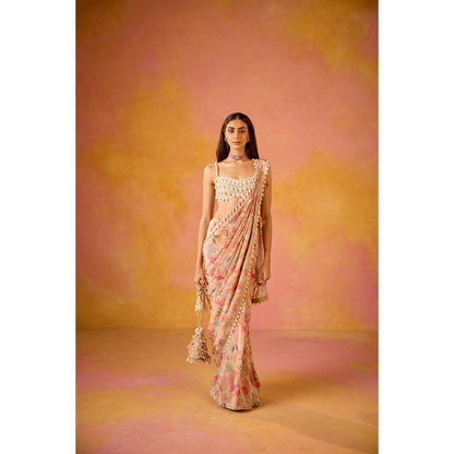 Old Marigold Leher Pink Crepe Saree with Stitched Blouse