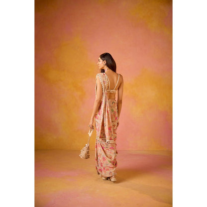 Old Marigold Leher Pink Crepe Saree with Stitched Blouse