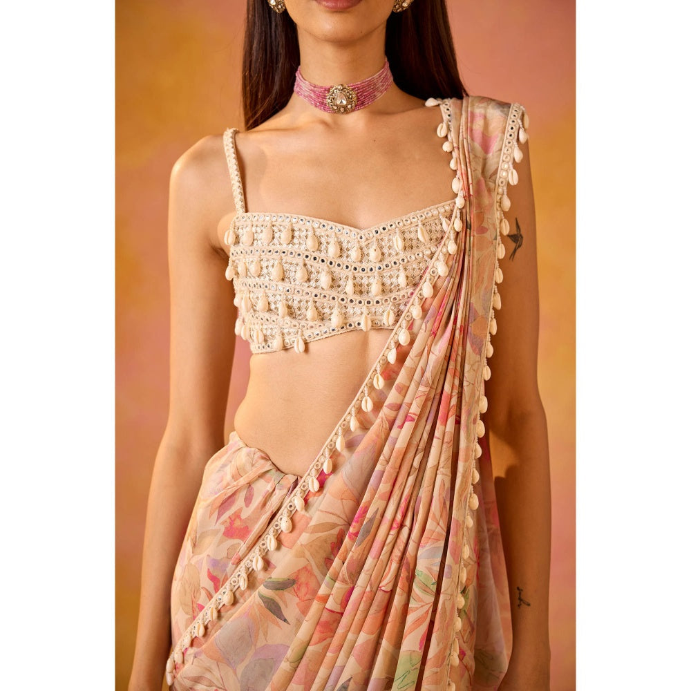 Old Marigold Leher Pink Crepe Saree with Stitched Blouse
