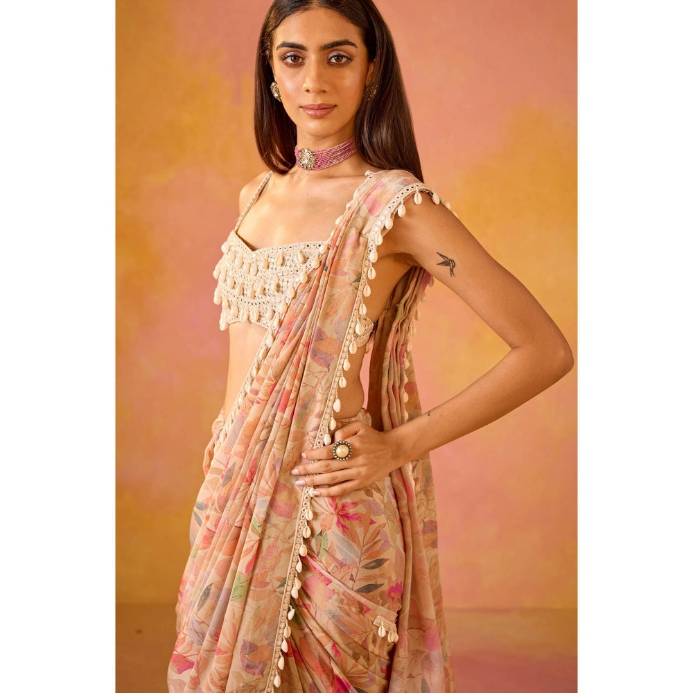 Old Marigold Leher Pink Crepe Saree with Stitched Blouse