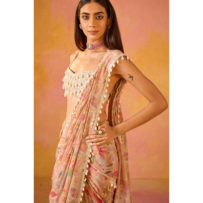 Old Marigold Leher Pink Crepe Saree with Stitched Blouse
