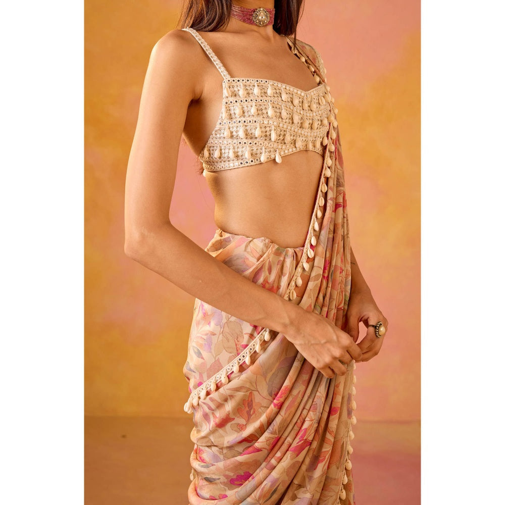 Old Marigold Leher Pink Crepe Saree with Stitched Blouse