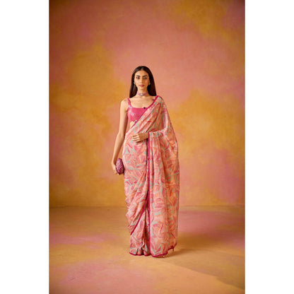 Old Marigold Sitara Pink Crepe Saree with Stitched Blouse