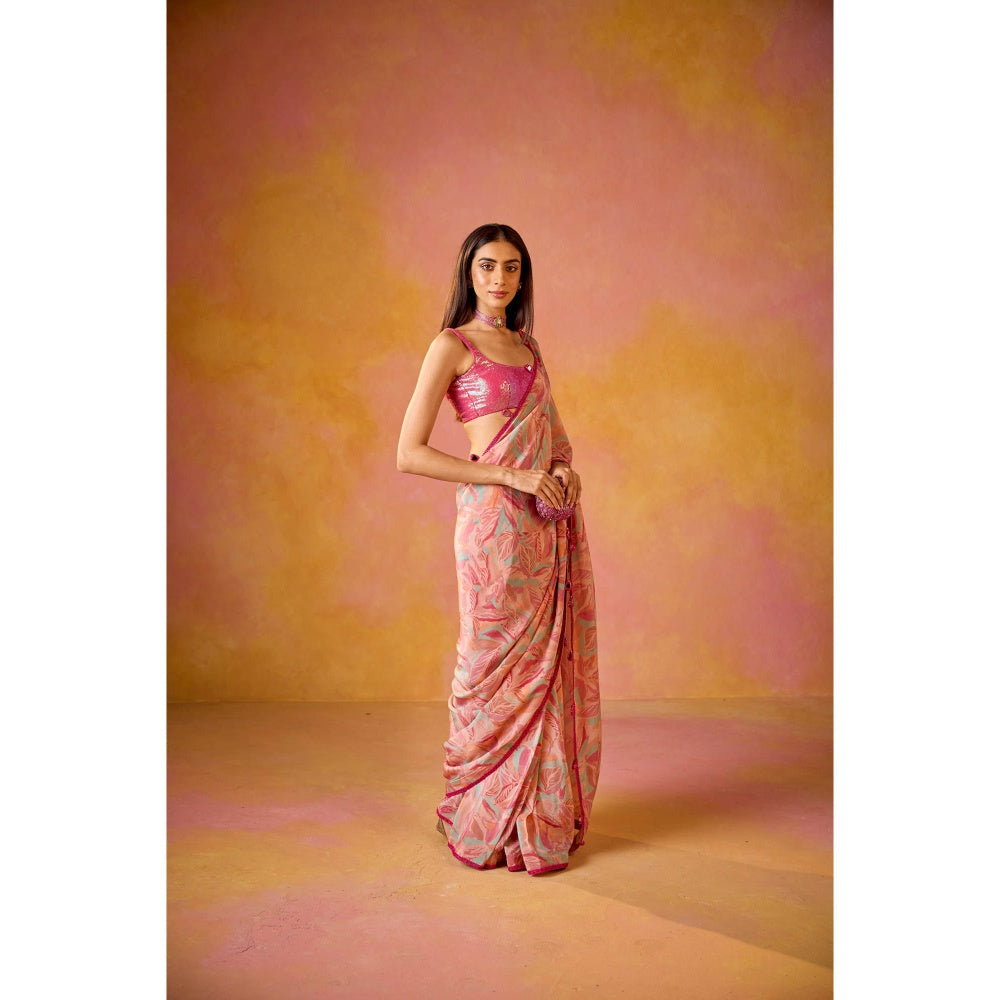 Old Marigold Sitara Pink Crepe Saree with Stitched Blouse