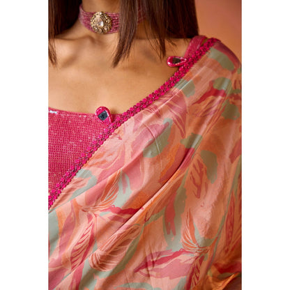 Old Marigold Sitara Pink Crepe Saree with Stitched Blouse