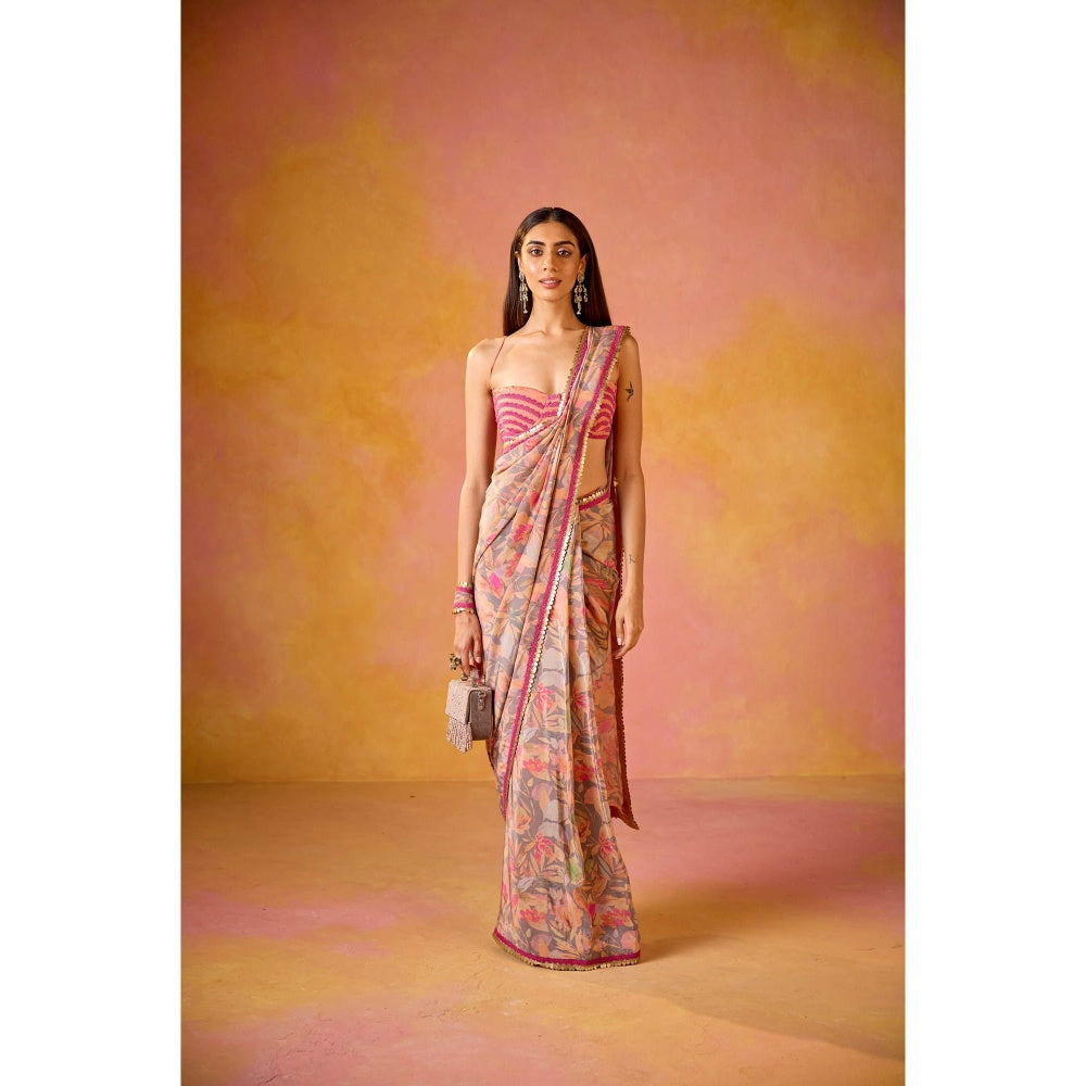 Old Marigold Arzoo Pink Crepe Saree with Stitched Blouse
