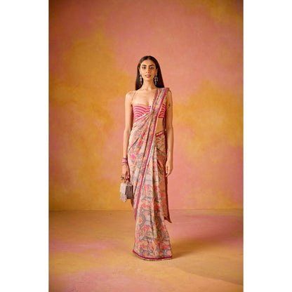 Old Marigold Arzoo Pink Crepe Saree with Stitched Blouse