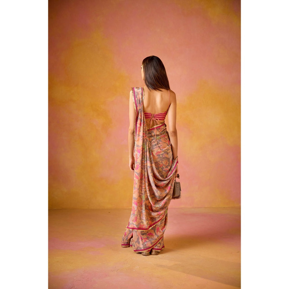 Old Marigold Arzoo Pink Crepe Saree with Stitched Blouse