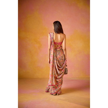 Old Marigold Arzoo Pink Crepe Saree with Stitched Blouse