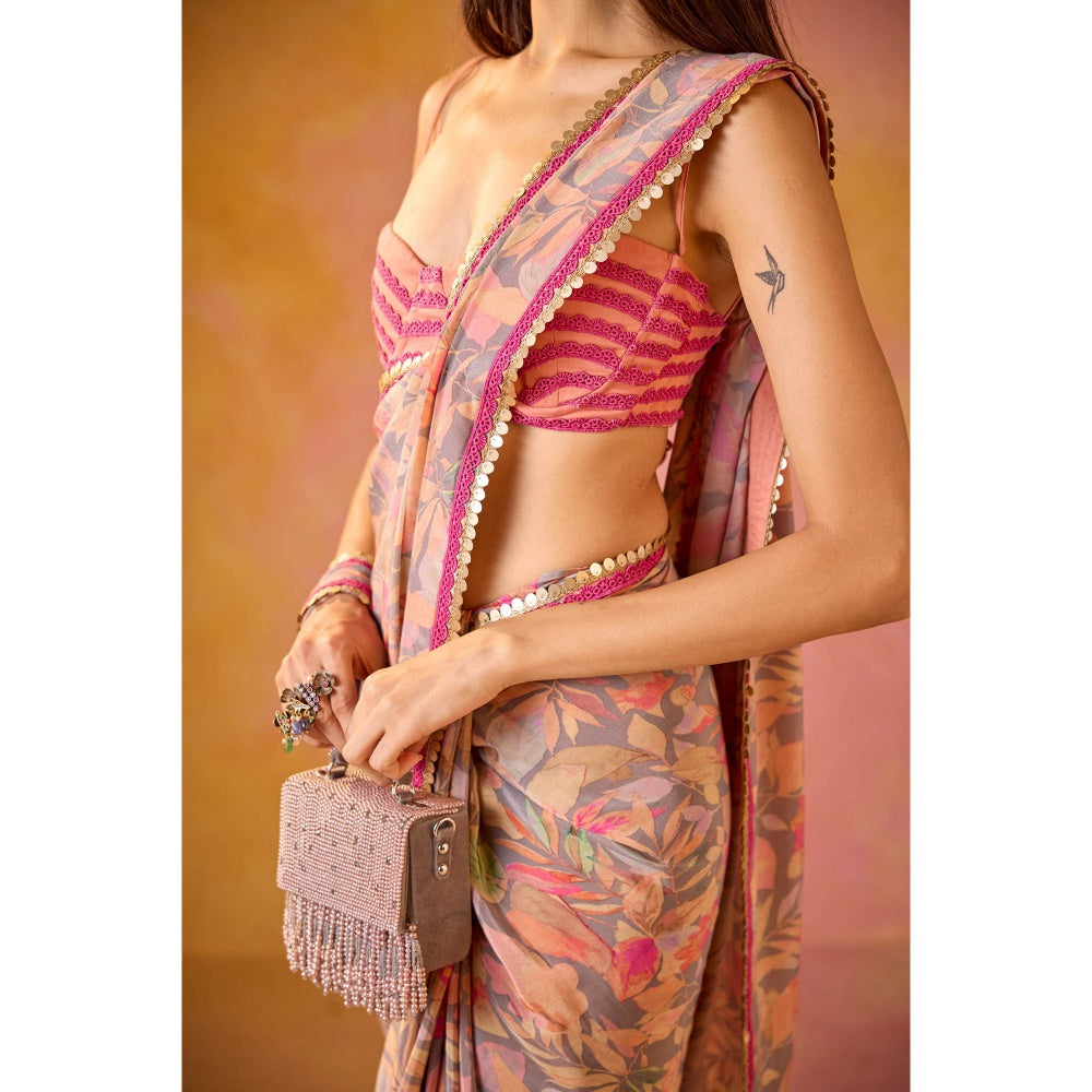 Old Marigold Arzoo Pink Crepe Saree with Stitched Blouse