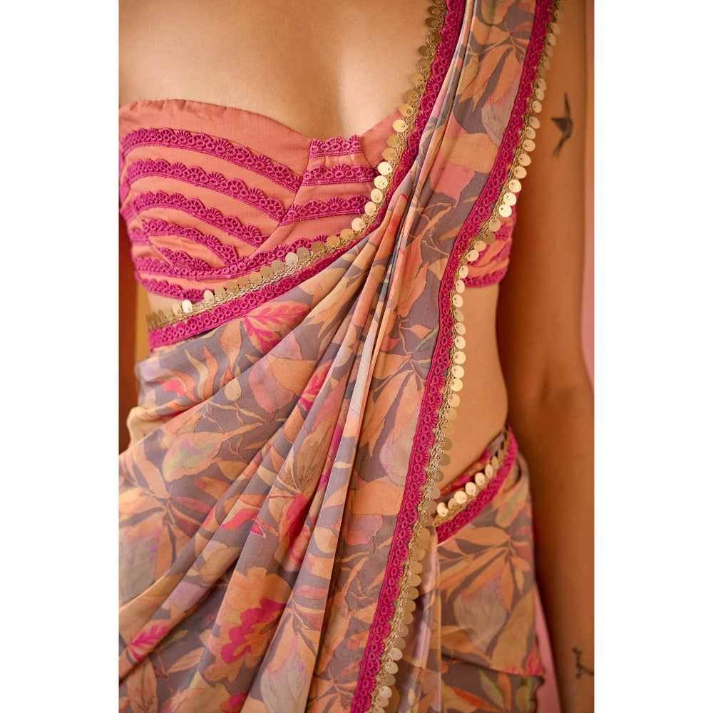 Old Marigold Arzoo Pink Crepe Saree with Stitched Blouse
