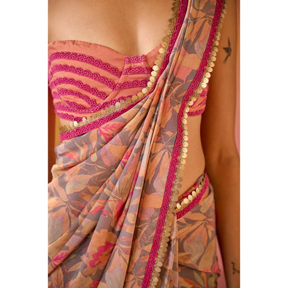 Old Marigold Arzoo Pink Crepe Saree with Stitched Blouse