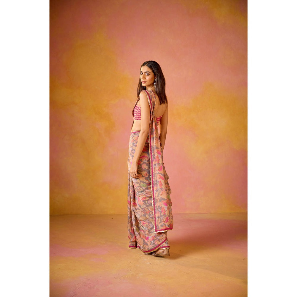 Old Marigold Arzoo Pink Crepe Saree with Stitched Blouse