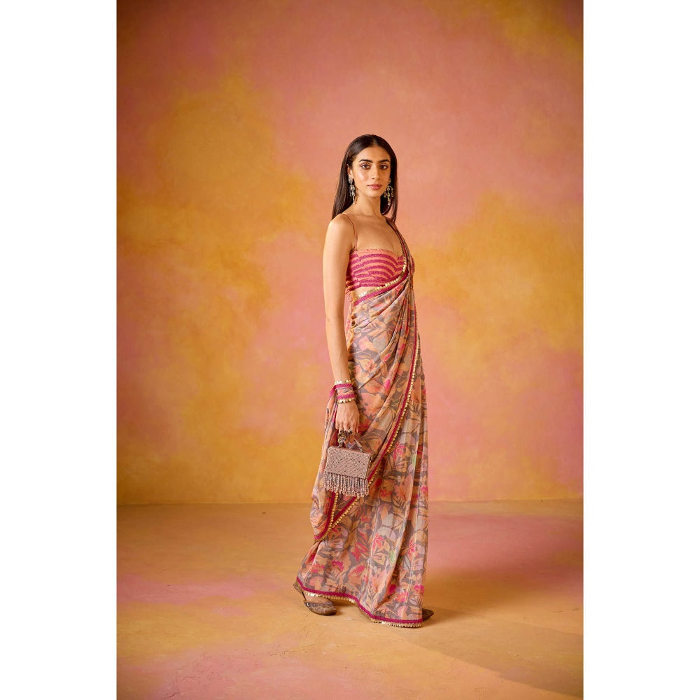 Old Marigold Arzoo Pink Crepe Saree with Stitched Blouse