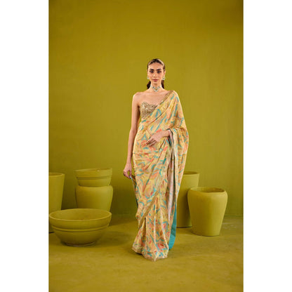 Old Marigold Kashish Yellow Crepe Saree with Stitched Blouse