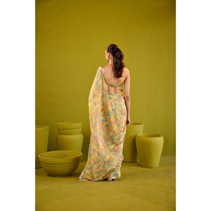 Old Marigold Kashish Yellow Crepe Saree with Stitched Blouse