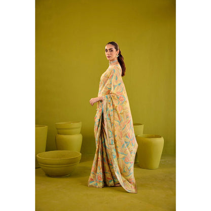 Old Marigold Kashish Yellow Crepe Saree with Stitched Blouse