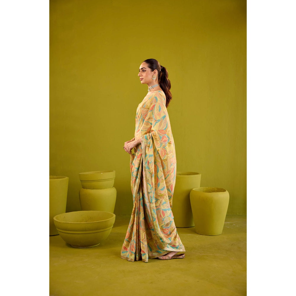 Old Marigold Kashish Yellow Crepe Saree with Stitched Blouse
