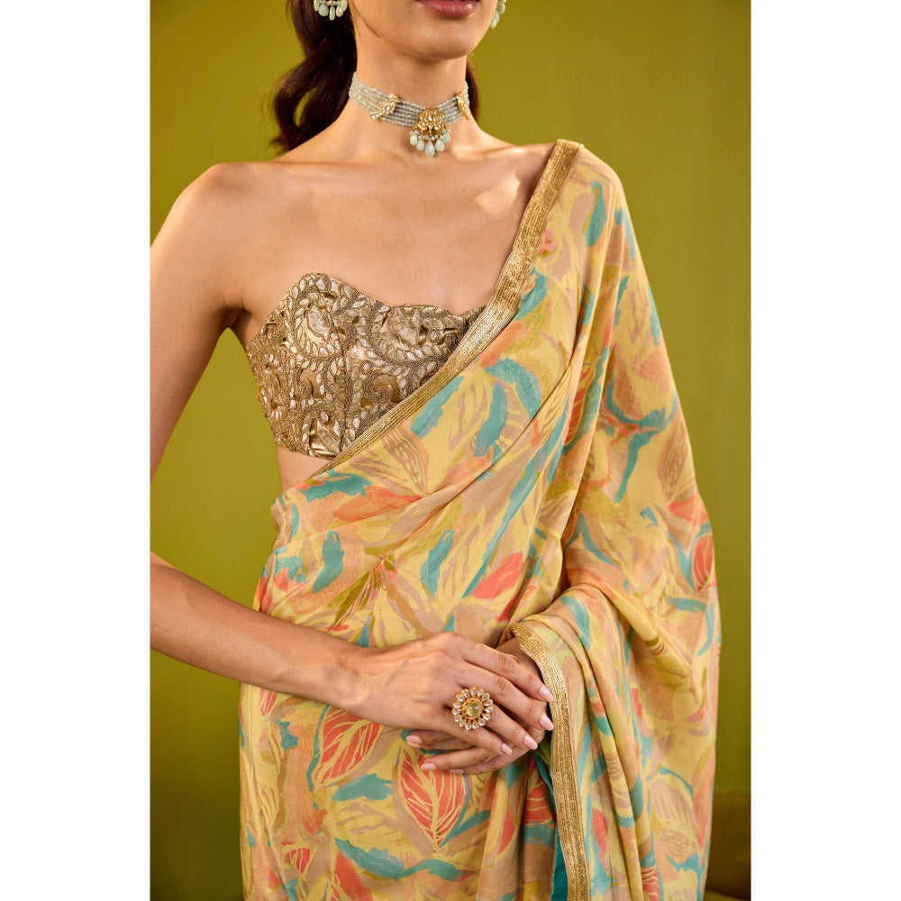 Old Marigold Kashish Yellow Crepe Saree with Stitched Blouse