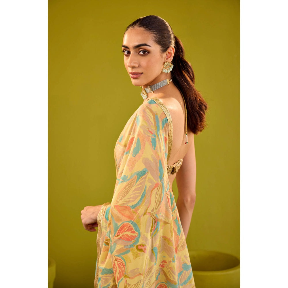 Old Marigold Kashish Yellow Crepe Saree with Stitched Blouse