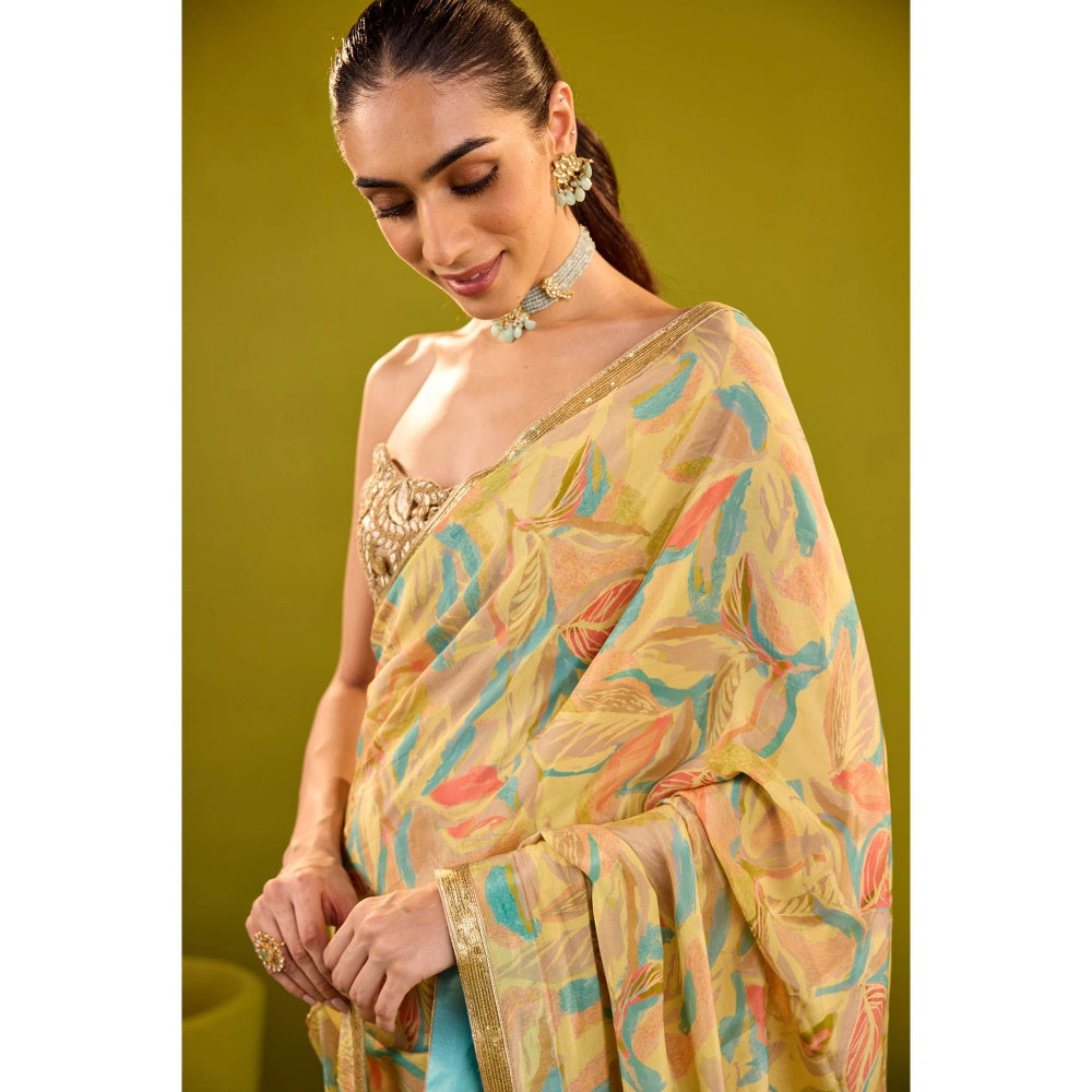 Old Marigold Kashish Yellow Crepe Saree with Stitched Blouse