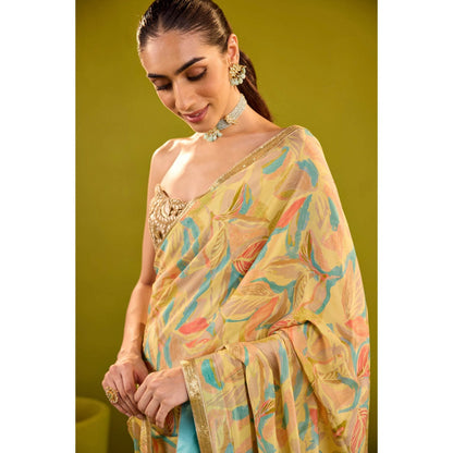 Old Marigold Kashish Yellow Crepe Saree with Stitched Blouse