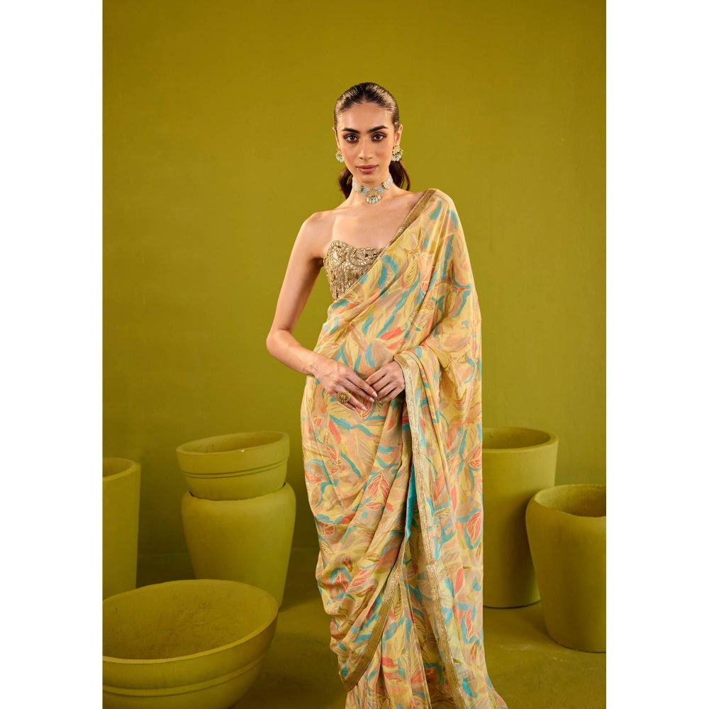 Old Marigold Kashish Yellow Crepe Saree with Stitched Blouse