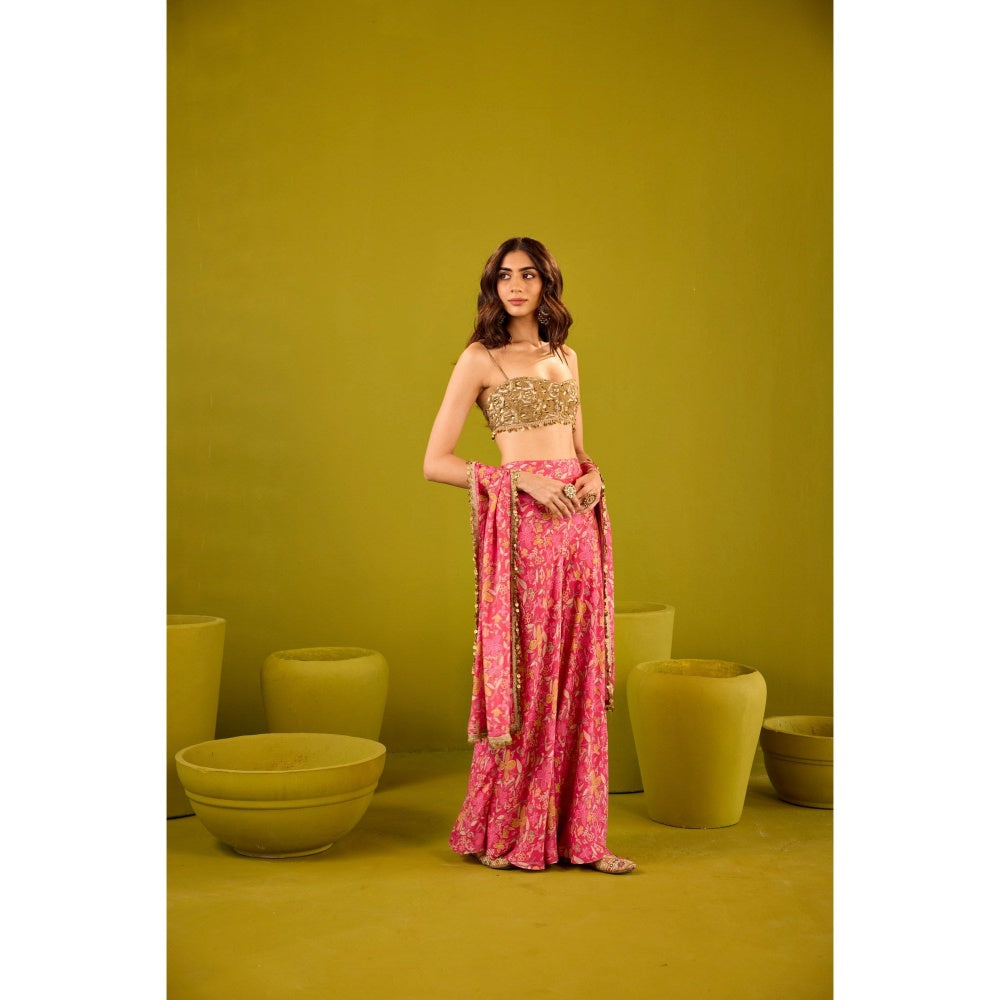 Old Marigold Mannat Pink Muslin Sharara with Gold Blouse and Dupatta (Set of 3)