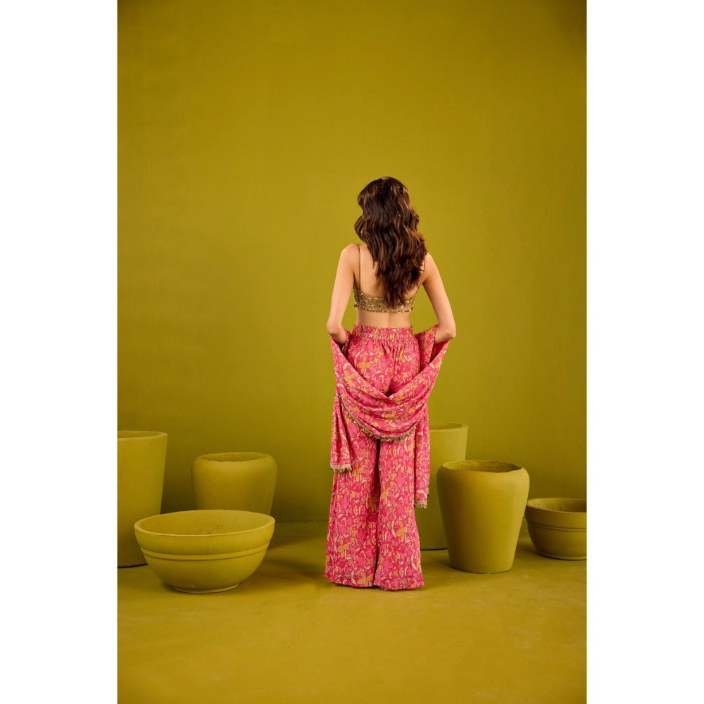Old Marigold Mannat Pink Muslin Sharara with Gold Blouse and Dupatta (Set of 3)