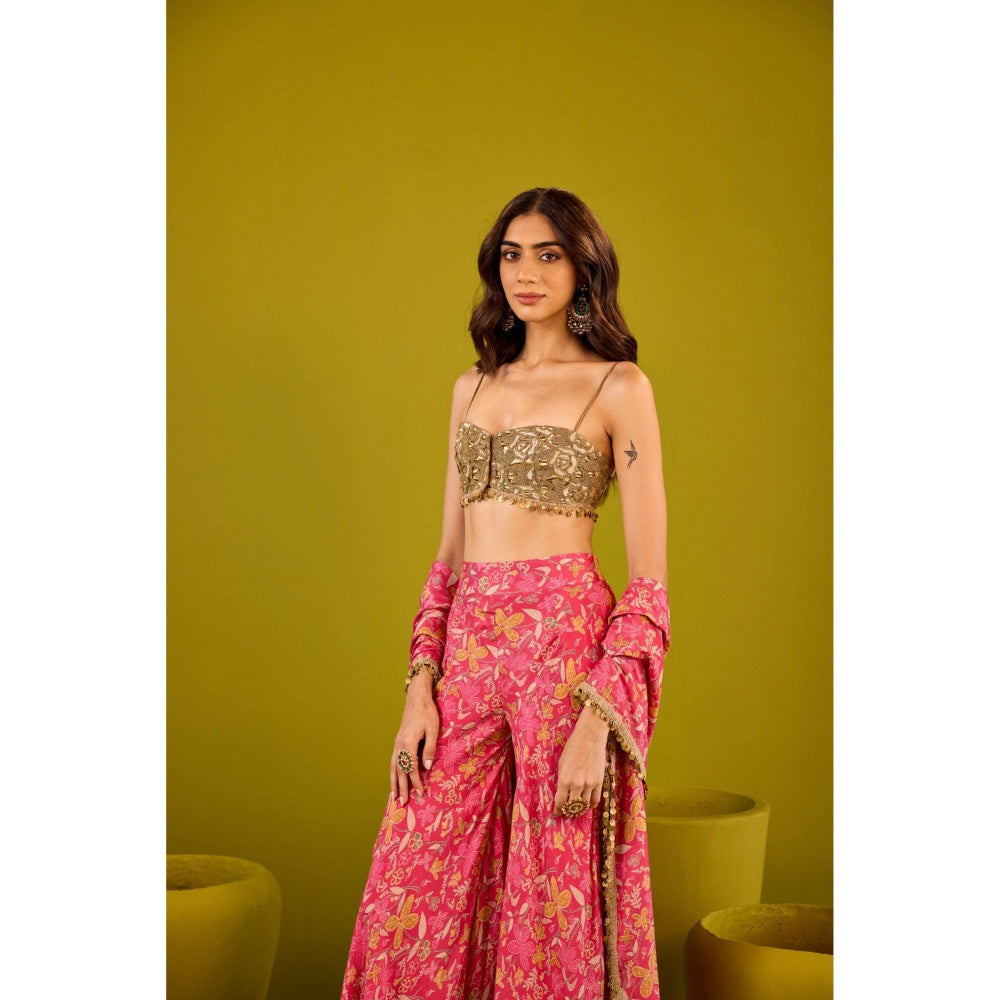 Old Marigold Mannat Pink Muslin Sharara with Gold Blouse and Dupatta (Set of 3)