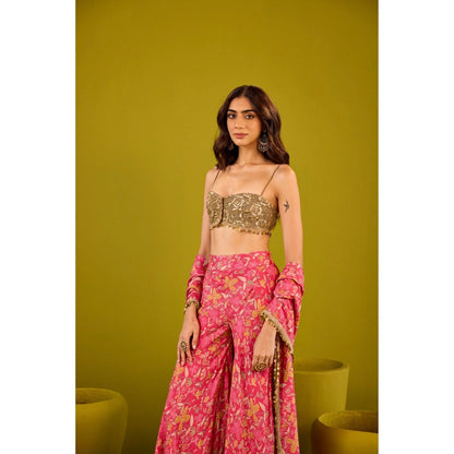 Old Marigold Mannat Pink Muslin Sharara with Gold Blouse and Dupatta (Set of 3)