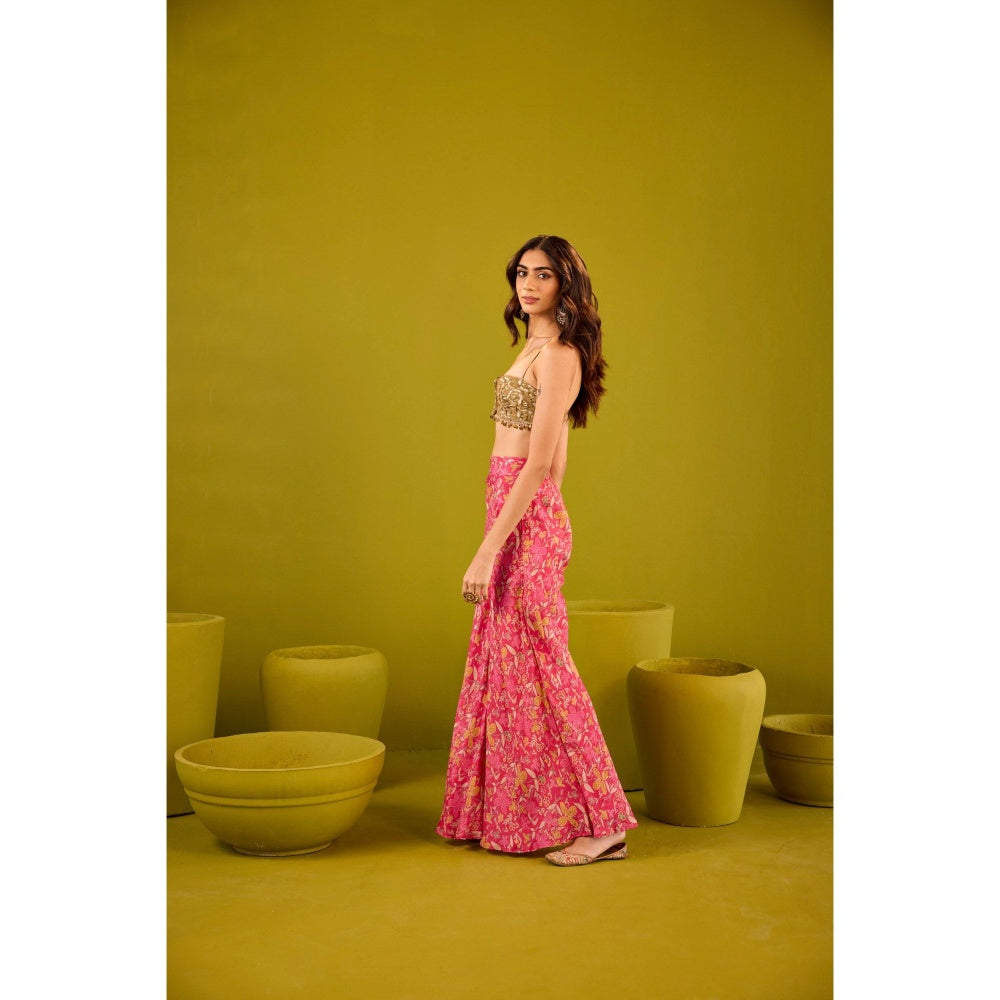 Old Marigold Mannat Pink Muslin Sharara with Gold Blouse and Dupatta (Set of 3)