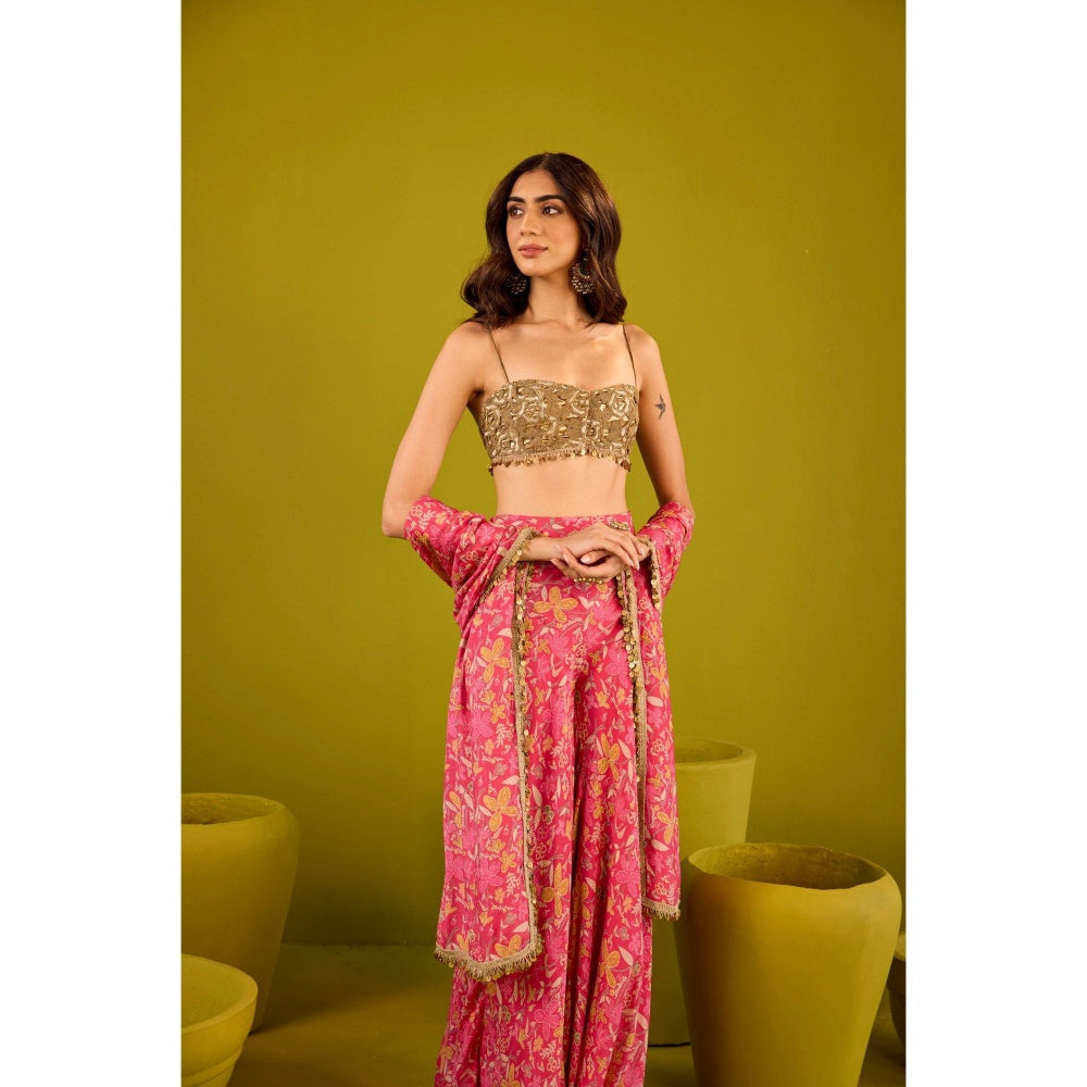 Old Marigold Mannat Pink Muslin Sharara with Gold Blouse and Dupatta (Set of 3)