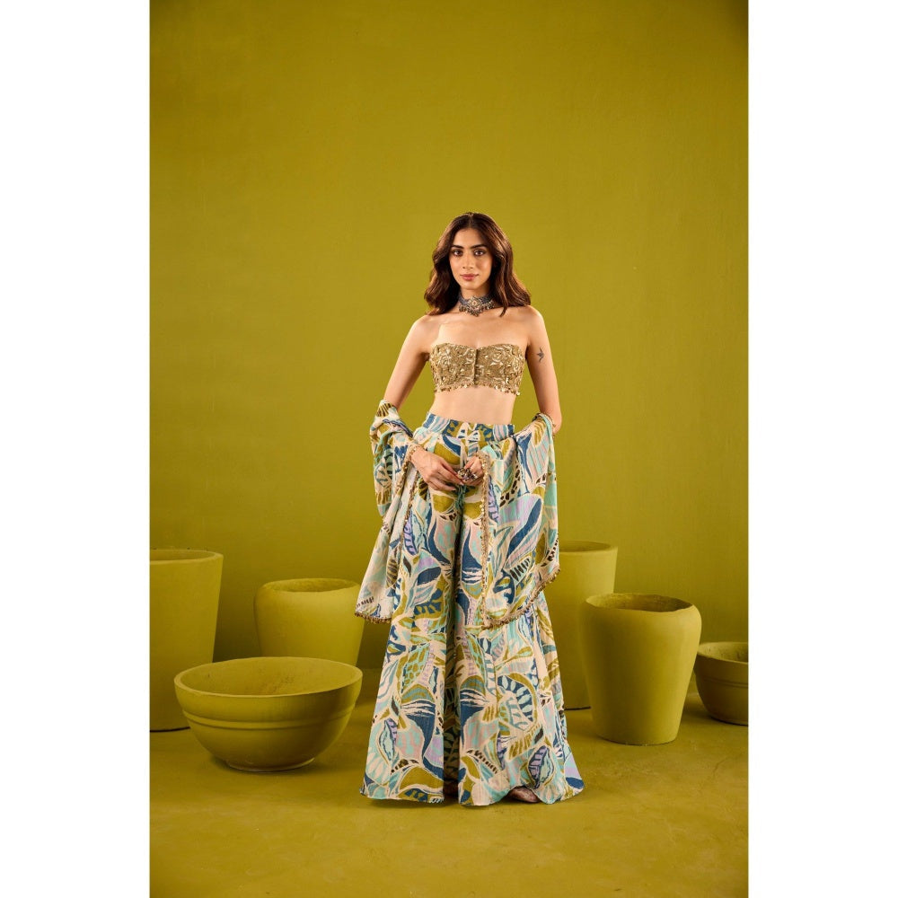 Old Marigold Tasneem Blue Sharara with Gold Embroidered Blouse with Dupatta (Set of 3)
