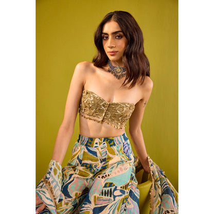 Old Marigold Tasneem Blue Sharara with Gold Embroidered Blouse with Dupatta (Set of 3)