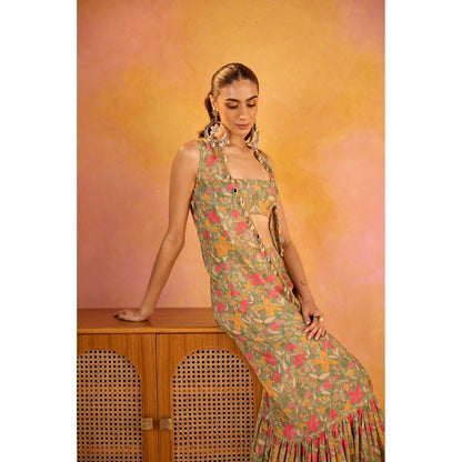 Old Marigold Aamna Green Muslin Blouse with Sharara and Shrug (Set of 3)