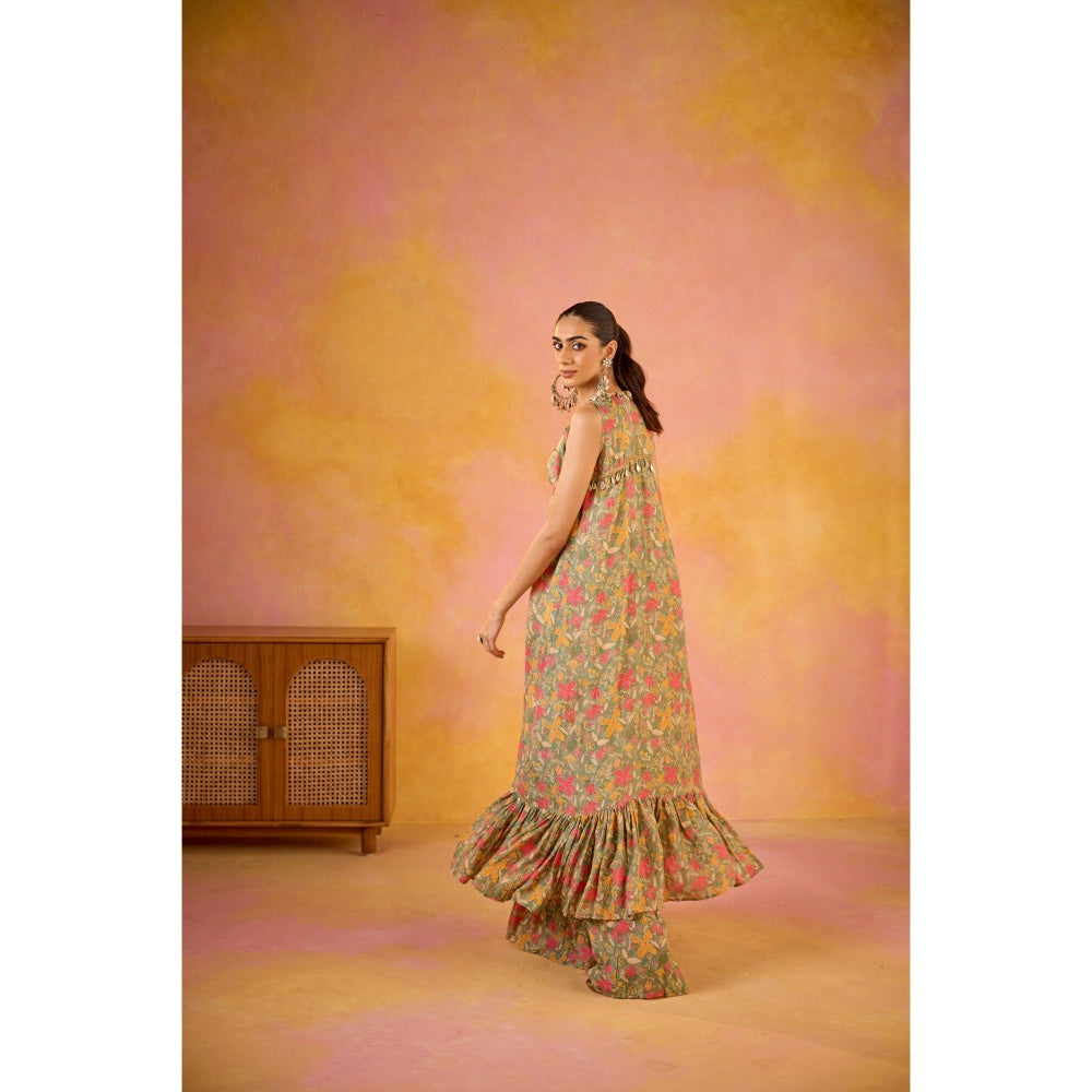 Old Marigold Aamna Green Muslin Blouse with Sharara and Shrug (Set of 3)