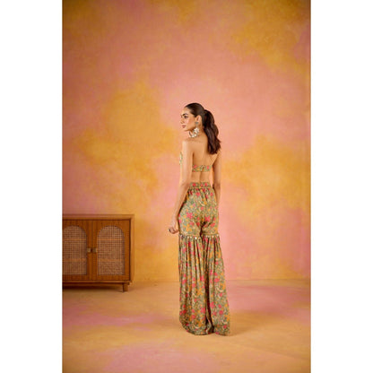 Old Marigold Aamna Green Muslin Blouse with Sharara and Shrug (Set of 3)