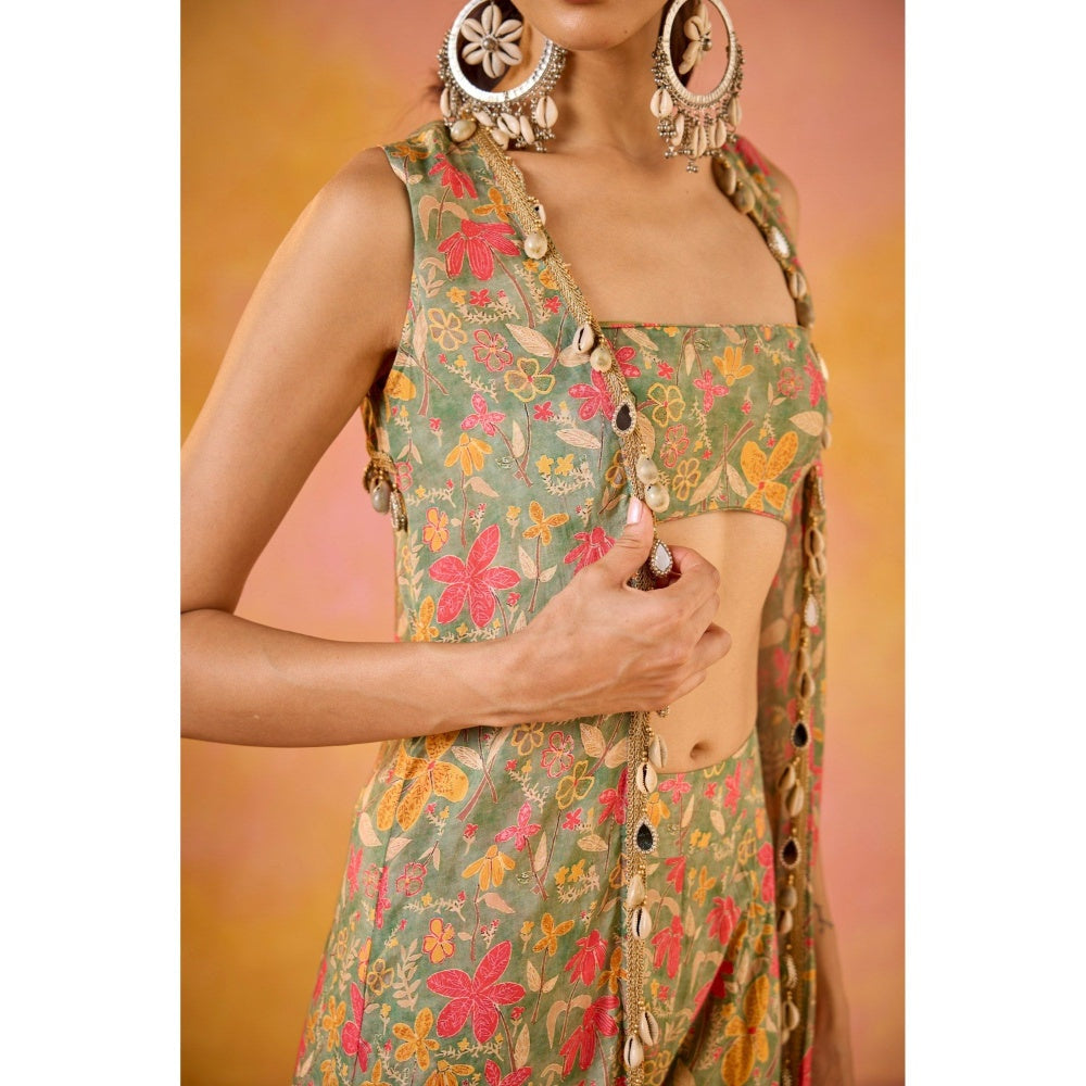 Old Marigold Aamna Green Muslin Blouse with Sharara and Shrug (Set of 3)