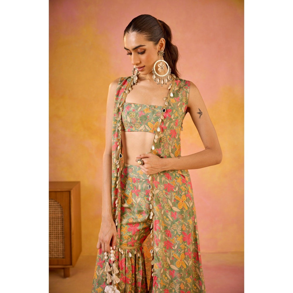 Old Marigold Aamna Green Muslin Blouse with Sharara and Shrug (Set of 3)