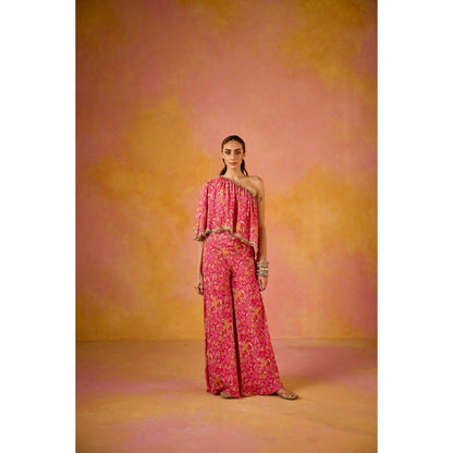 Old Marigold Amayra Hot Pink Muslin One-Shoulder Top with Flared Sharara (Set of 2)