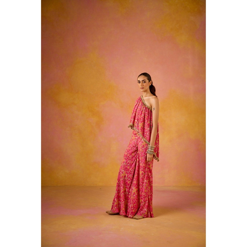 Old Marigold Amayra Hot Pink Muslin One-Shoulder Top with Flared Sharara (Set of 2)
