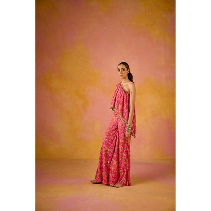 Old Marigold Amayra Hot Pink Muslin One-Shoulder Top with Flared Sharara (Set of 2)
