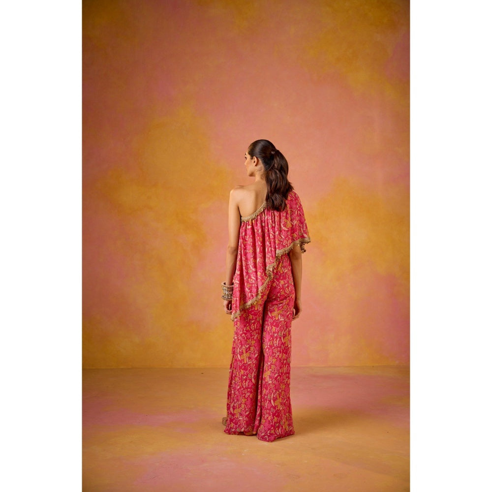 Old Marigold Amayra Hot Pink Muslin One-Shoulder Top with Flared Sharara (Set of 2)