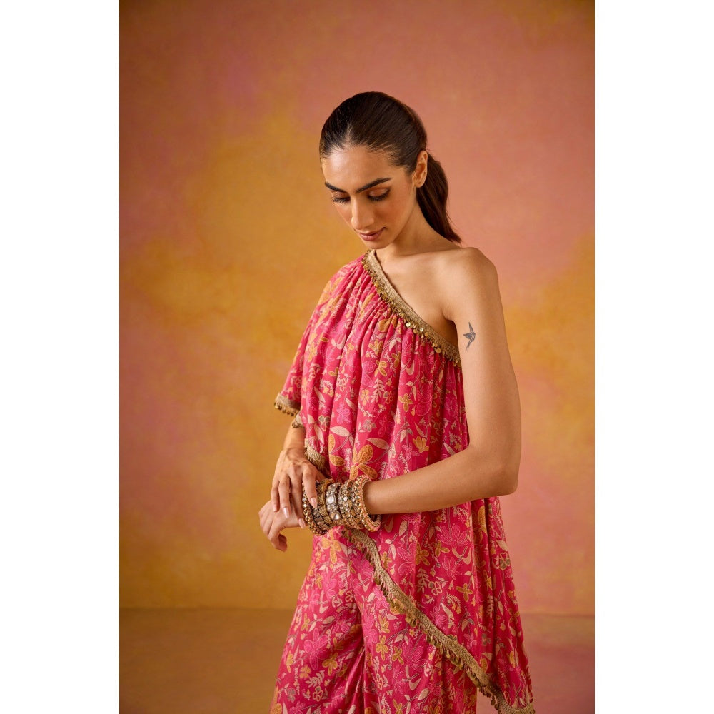 Old Marigold Amayra Hot Pink Muslin One-Shoulder Top with Flared Sharara (Set of 2)